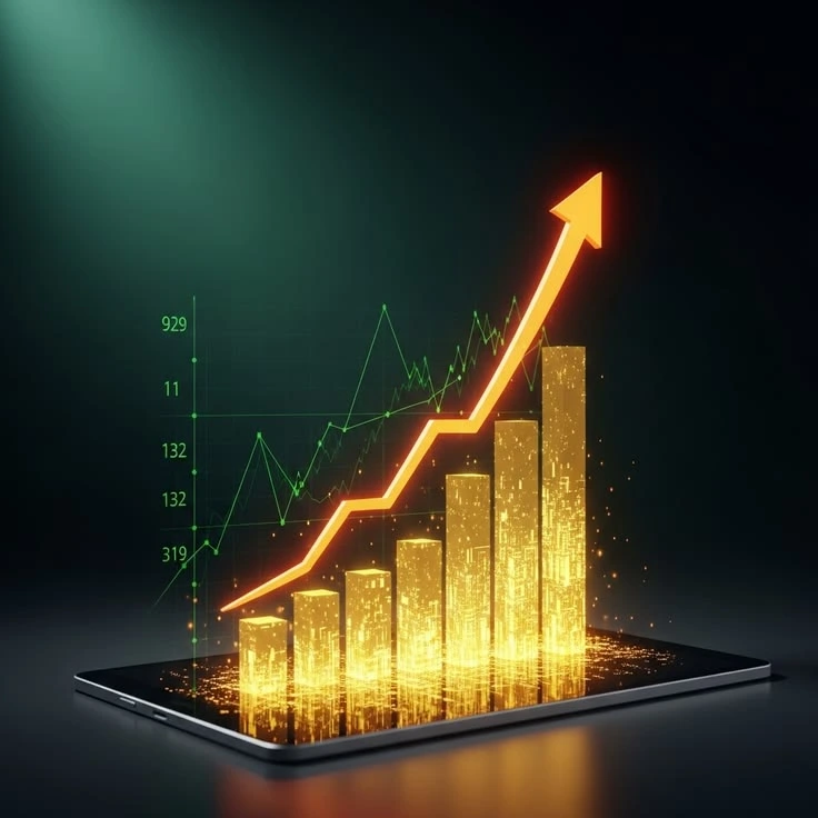 A 3D bar chart with an upward- trending arrow overlaid on the growth bars.