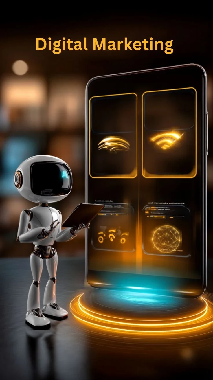 Tech graphic with glowing digital elements, a smartphone frame, a small robot, and the text digital marketing