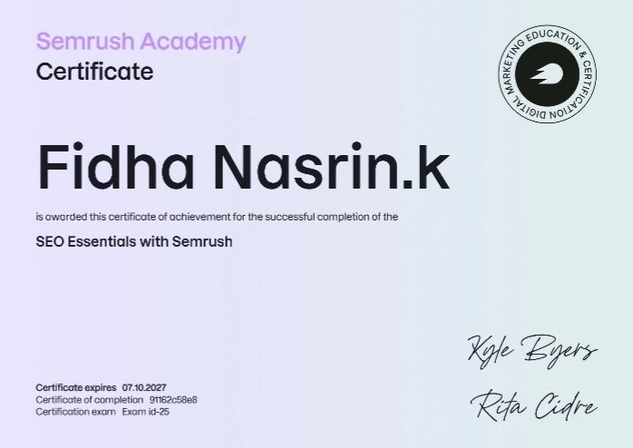 This image is a Semrush Academy Certificate awarded to Fidha Nasrin.k for successfully completing the SEO Essentials with Semrush course.