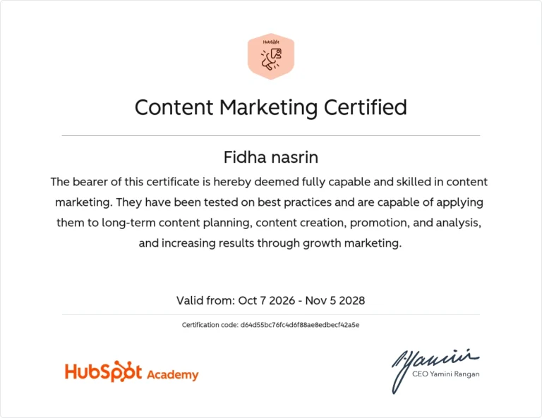 This image is a HubSpot Academy Certificate awarded to Fidha Nasrin.K for successfully completing Content Marketing Certified.