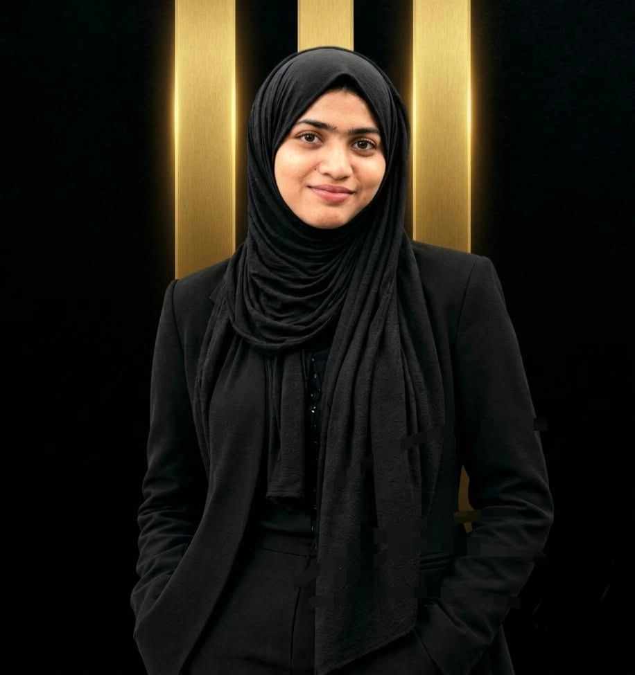 A portrait of a women wearing a black hijab against a dark background with vertical design elements.